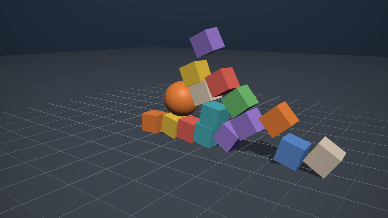 A pyramid of crates struck by a heavy ball